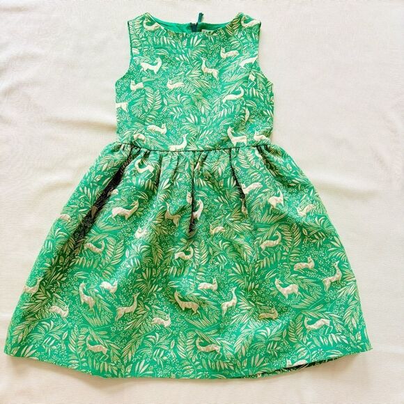 J Crew Crewcuts Girls Dress Sleeveless Golden Deer Green Party Holiday 12 - Picture 1 of 4